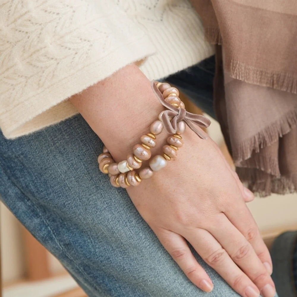 Chico's Taupe Cappuccino Two-Strand Faux Pearl Necklace and Stretch Bracelet Set - Picture 14 of 15